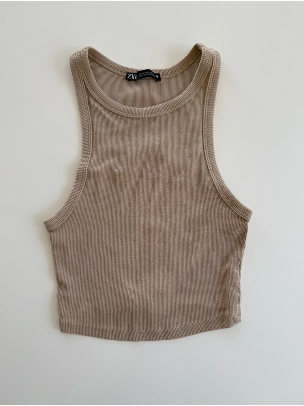 Zara ~Tank ~Women’s SM~Tan/Khaki~Ribbed~Crop Top~T Back~Fitted~Versatile
